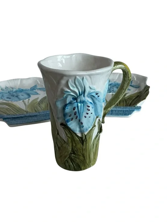 Lenwile Ardalt Flowerpot Majolica Artware Porcelain Flower Tea Set Blue Iris - Picture 7 of 14